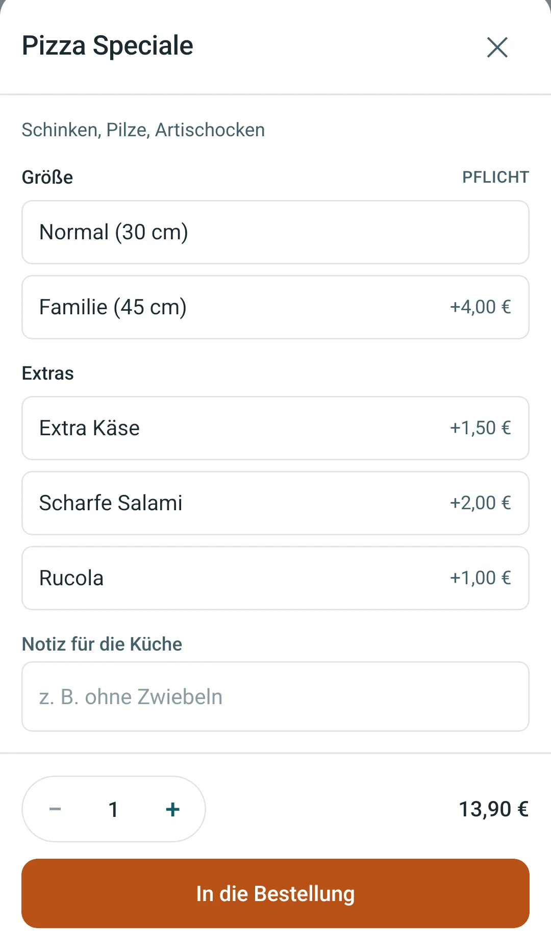 Options-Dialog der Mitarbeiter-App für eine Pizza Speciale: Pflichtauswahl der Größe, Extras wie Extra Käse und Rucola mit Aufpreisen, ein Notizfeld für die Küche und der Knopf In die Bestellung.