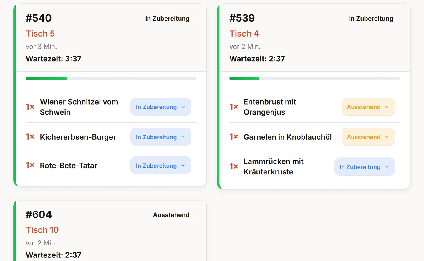 Küchenanzeige mit zwei Bestellkarten: Tisch 5, seit drei Minuten, mit Wiener Schnitzel vom Schwein, Kichererbsen-Burger und Rote-Bete-Tatar, alle In Zubereitung; Tisch 4, seit zwei Minuten, mit Entenbrust mit Orangenjus und Garnelen in Knoblauchöl, beide Ausstehend, und Lammrücken mit Kräuterkruste In Zubereitung. Jede Karte zeigt Bestellnummer, Status, laufende Wartezeit und einen grünen Fortschrittsbalken; am unteren Rand beginnt die nächste Karte, Tisch 10, Ausstehend.