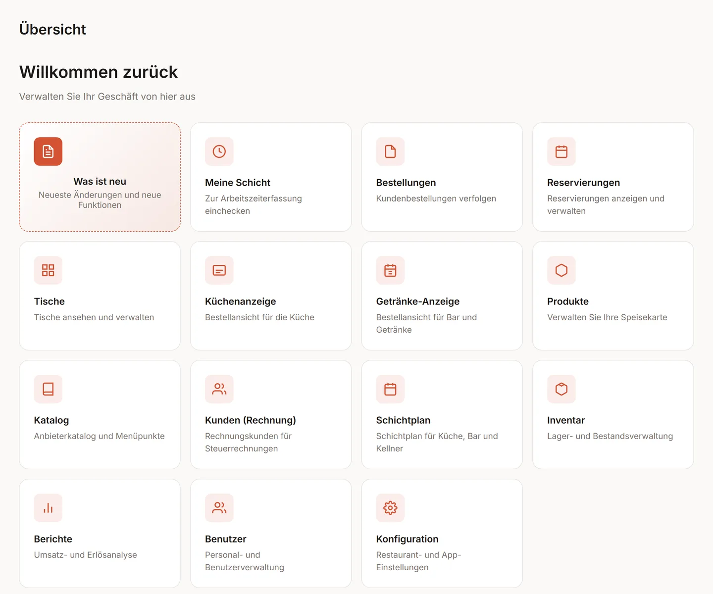 Startseite der Anwendung mit Kacheln für Was ist neu, Meine Schicht, Bestellungen, Reservierungen, Tische, Küchenanzeige, Getränke-Anzeige, Produkte, Katalog, Kunden (Rechnung), Schichtplan, Inventar, Berichte, Benutzer und Konfiguration.